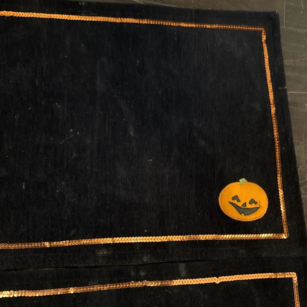 Halloween Black Velvet Orange Sequins Placemats Pumpkins‎ Set Of 4